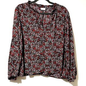 Abound women’s size M navy floral long sleeve split neck ruffled collar top